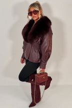 Burgundy Fur Collar Faux Leather Jacket With Cinched Waist