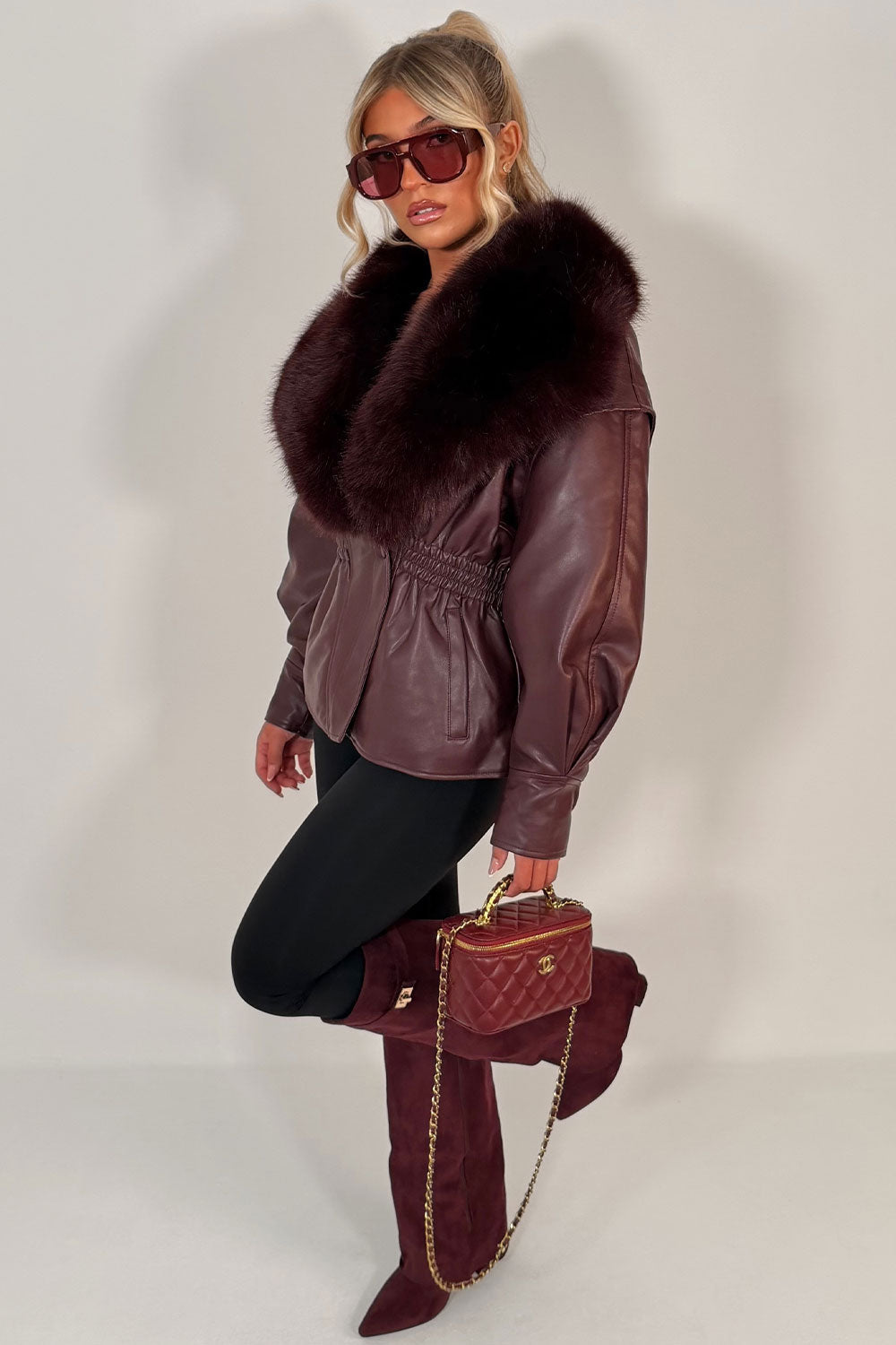 Burgundy Fur Collar Faux Leather Jacket With Cinched Waist