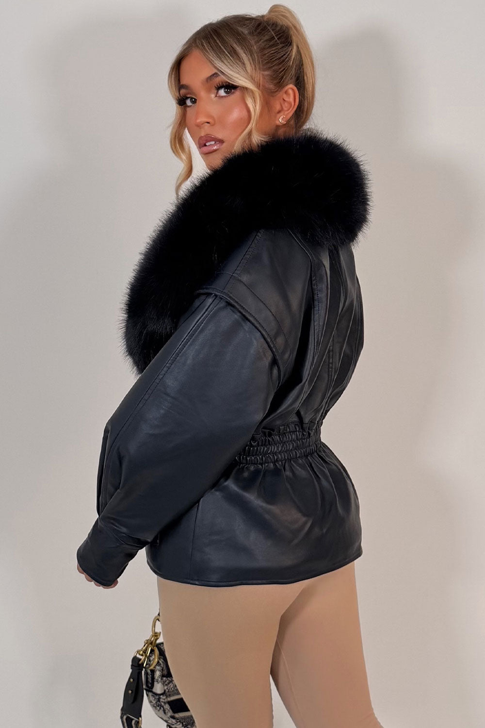 Navy Fur Collar Faux Leather Jacket With Cinched Waist