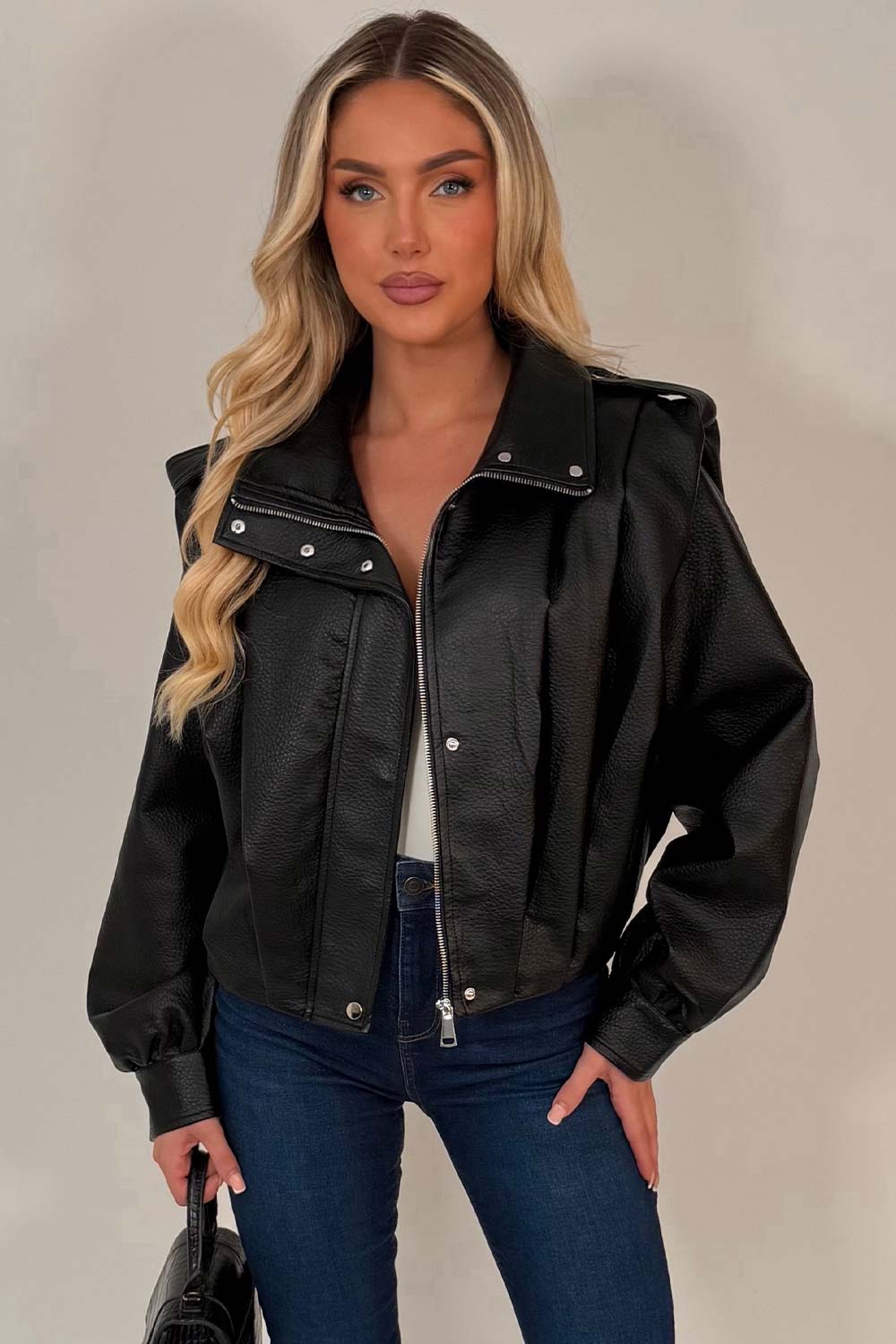 Black Faux Leather Funnel Neck Bomber Jacket