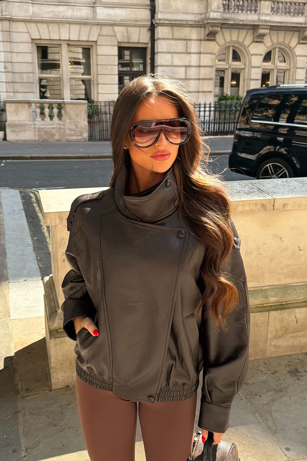 Faux Leather Funnel Neck Jacket Brown