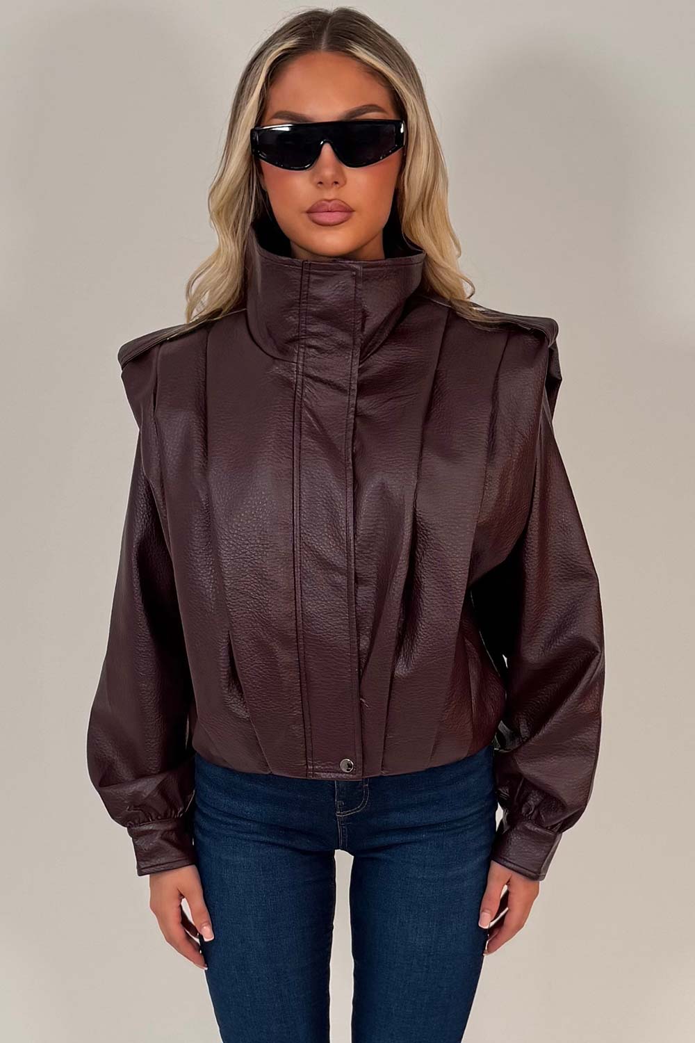 Burgundy Faux Leather Funnel Neck Bomber Jacket