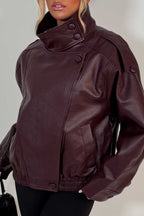 Faux Leather Funnel Neck Jacket Burgundy