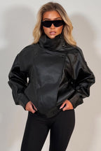Black Faux Leather Funnel Neck Jacket