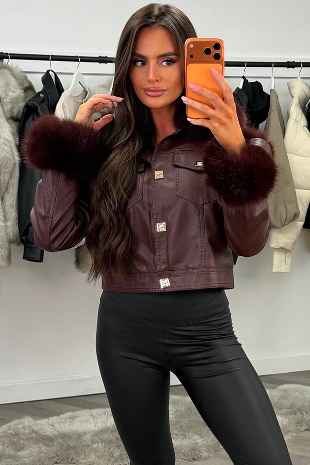 Burgundy Faux Fur Faux Leather Bomber Jacket With Gold Button
