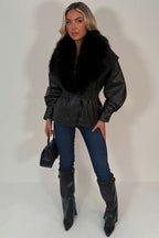 Black Fur Collar Faux Leather Jacket With Cinched Waist