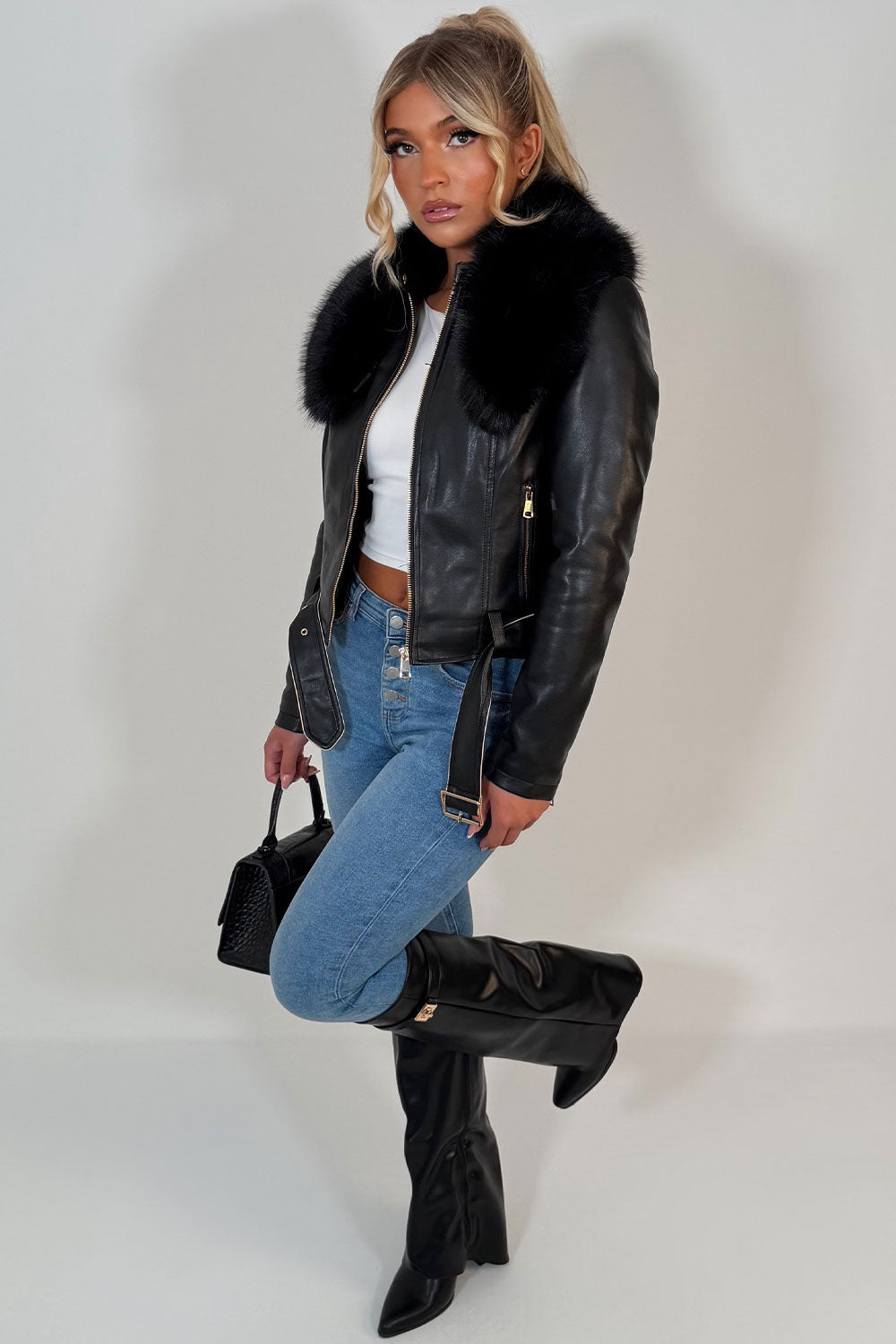 Black Faux Fur Collar Jacket In Faux Leather With Belt