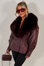 Burgundy Fur Collar Faux Leather Jacket With Cinched Waist
