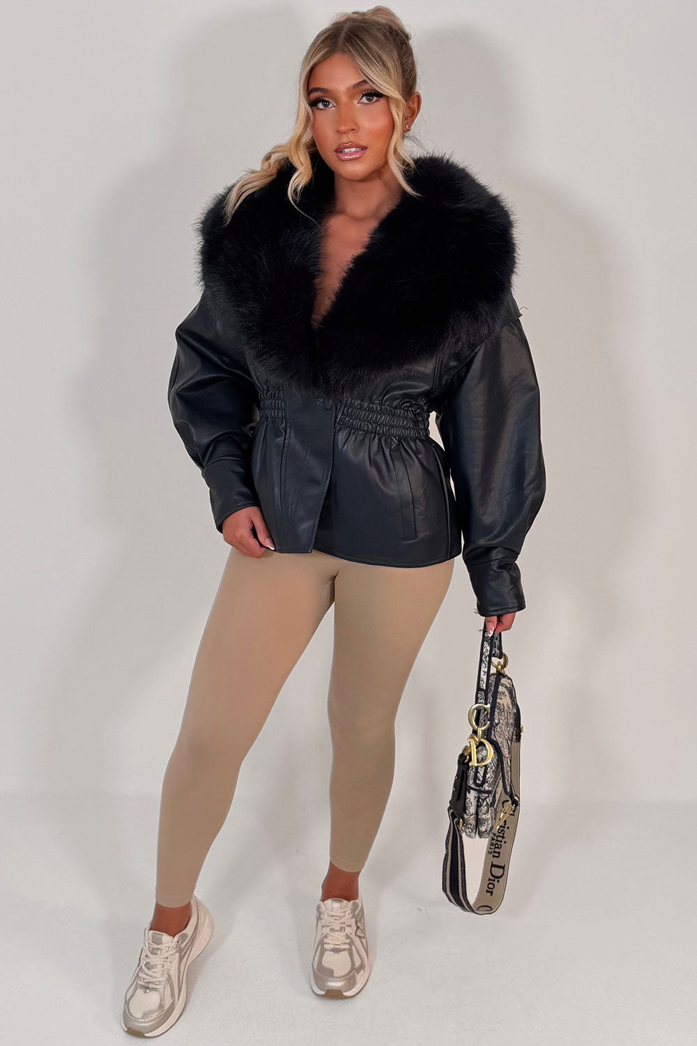 Navy Fur Collar Faux Leather Jacket With Cinched Waist
