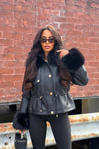 Black Faux Leather Jacket With Faux Fur Collar Cuff & Adjustable Waist