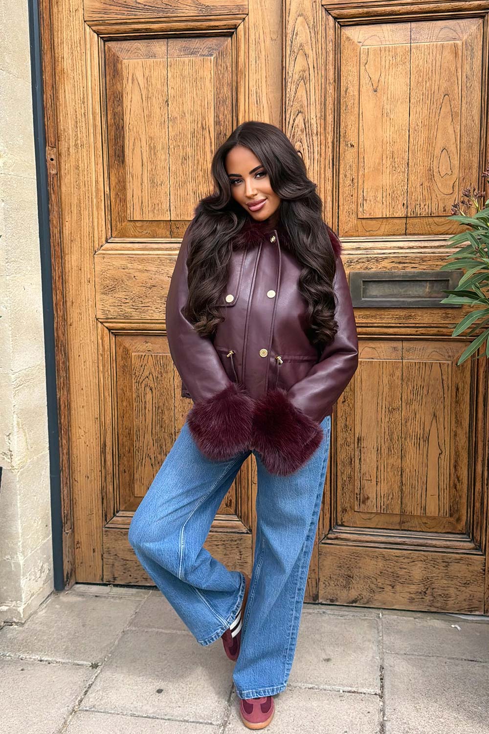 Burgundy Faux Leather Jacket With Faux Fur Collar Cuff & Adjustable Waist