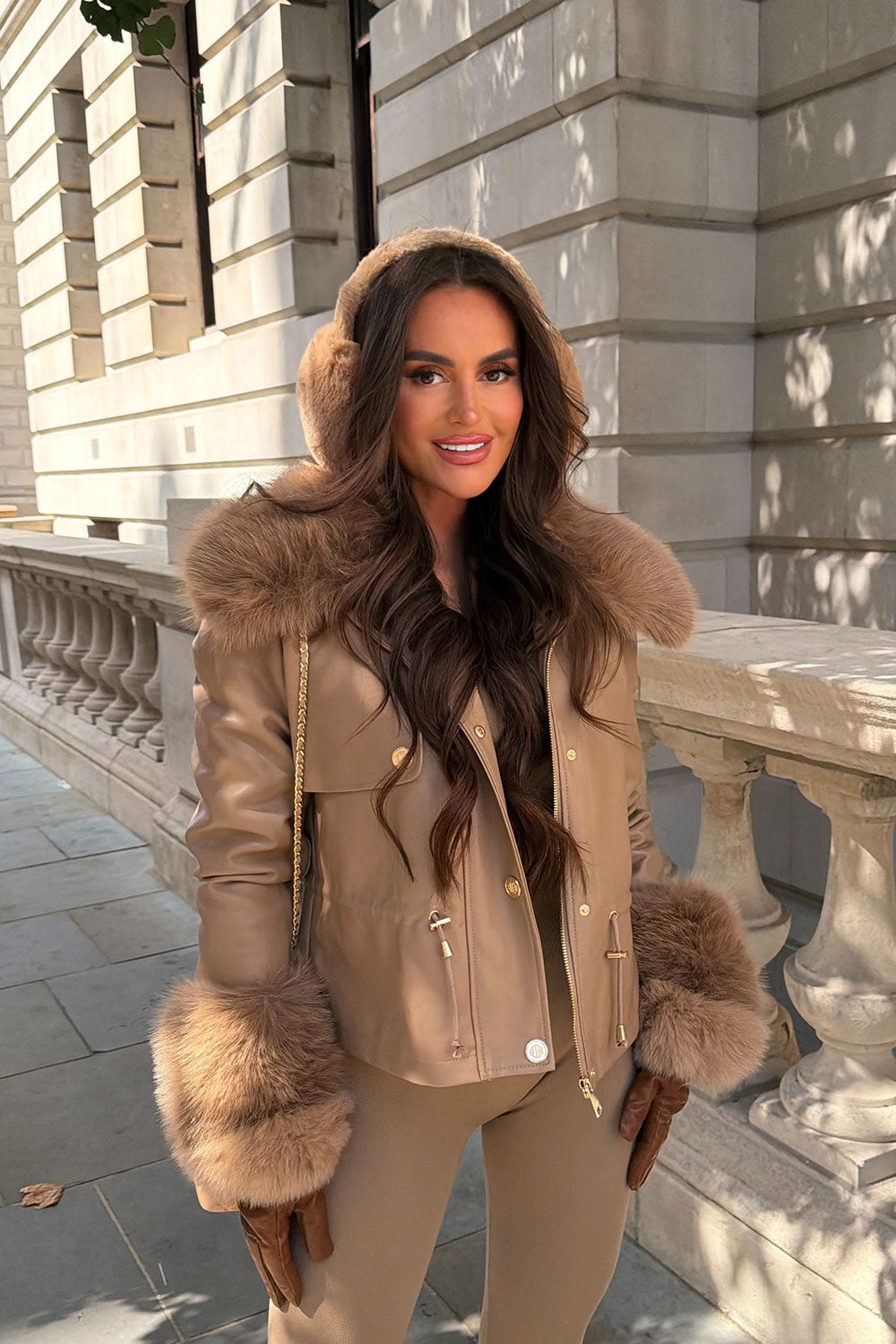 Taupe Faux Leather Jacket With Faux Fur Collar Cuff & Adjustable Waist