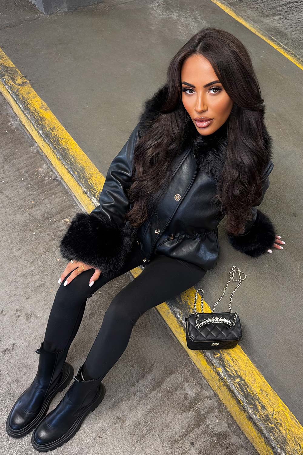 Black Faux Leather Jacket With Faux Fur Collar Cuff & Adjustable Waist