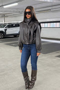 Brown Faux Leather Funnel Neck Bomber Jacket