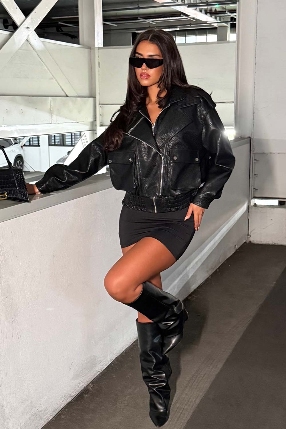 Black Faux Leather Bomber Jacket With Double Collar