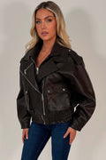 Brown Faux Leather Bomber Jacket With Double Collar