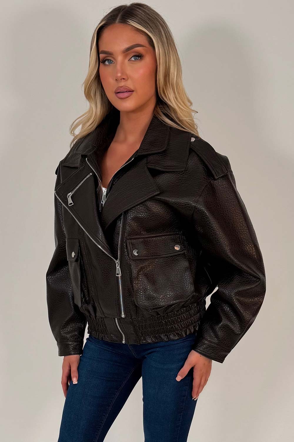 Brown Faux Leather Bomber Jacket With Double Collar