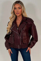 Burgundy Faux Leather Bomber Jacket With Double Collar
