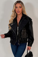 Black Faux Leather Bomber Jacket With Double Collar