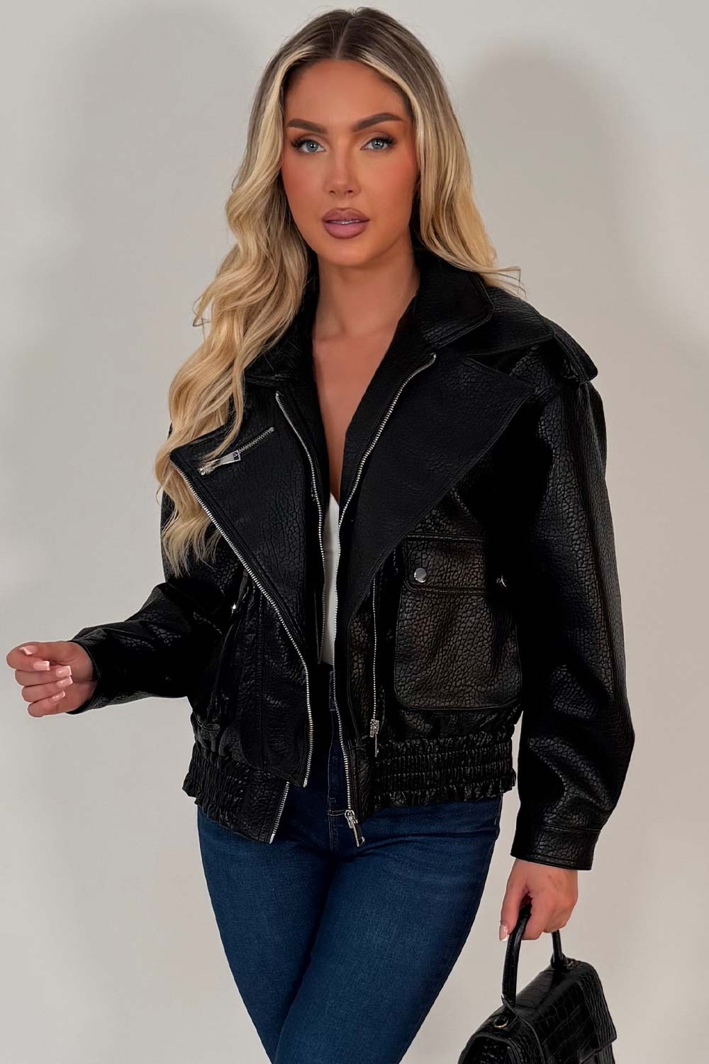 Black Faux Leather Bomber Jacket With Double Collar