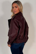 Burgundy Faux Leather Bomber Jacket With Double Collar