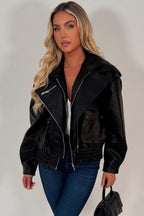 Black Faux Leather Bomber Jacket With Double Collar