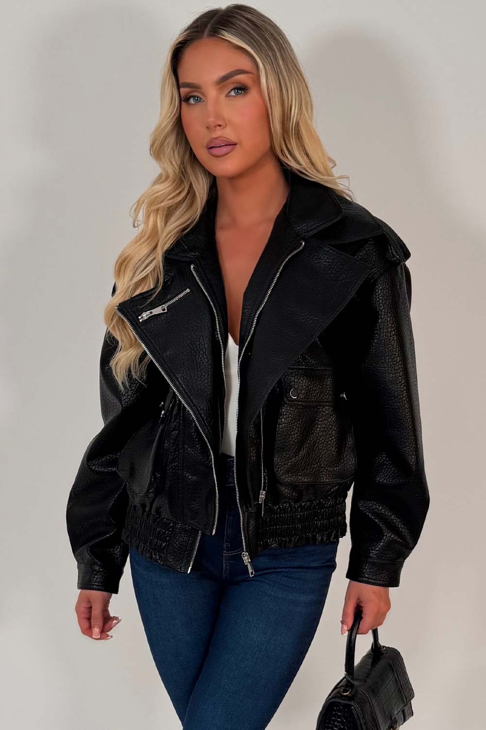 Black Faux Leather Bomber Jacket With Double Collar