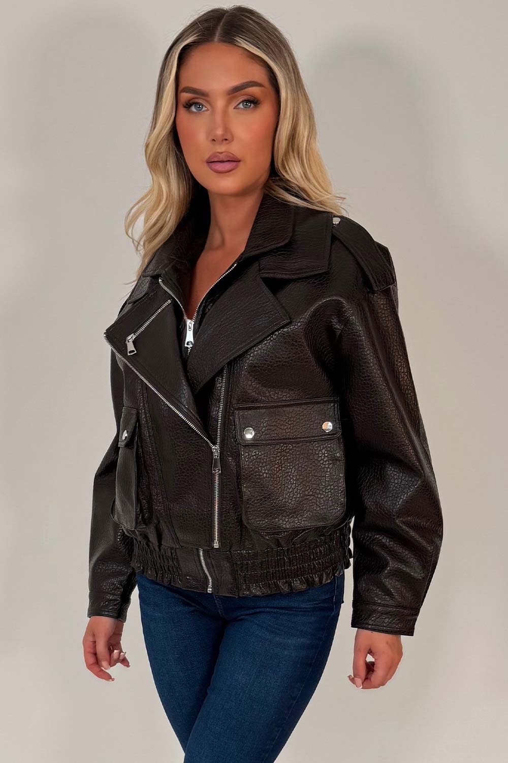 Brown Faux Leather Bomber Jacket With Double Collar