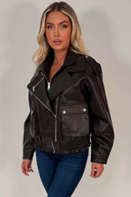 Brown Faux Leather Bomber Jacket With Double Collar