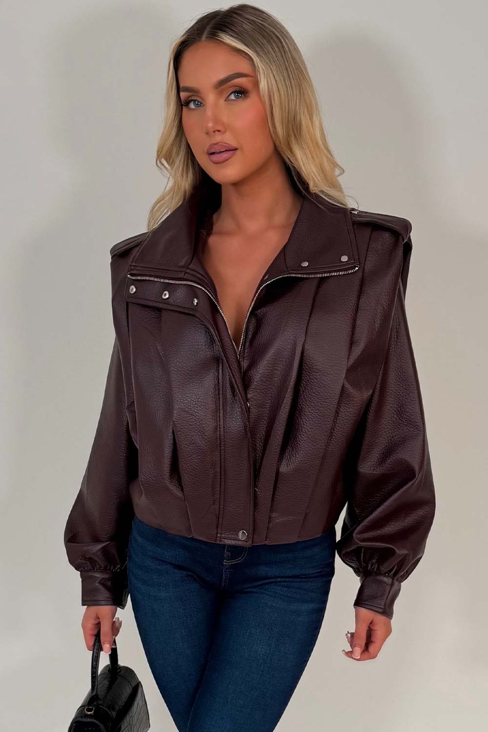 Burgundy Faux Leather Funnel Neck Bomber Jacket