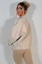 Faux Leather Funnel Neck Jacket Beige