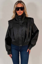 Black Faux Leather Funnel Neck Bomber Jacket