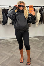 Black Faux Leather Funnel Neck Jacket