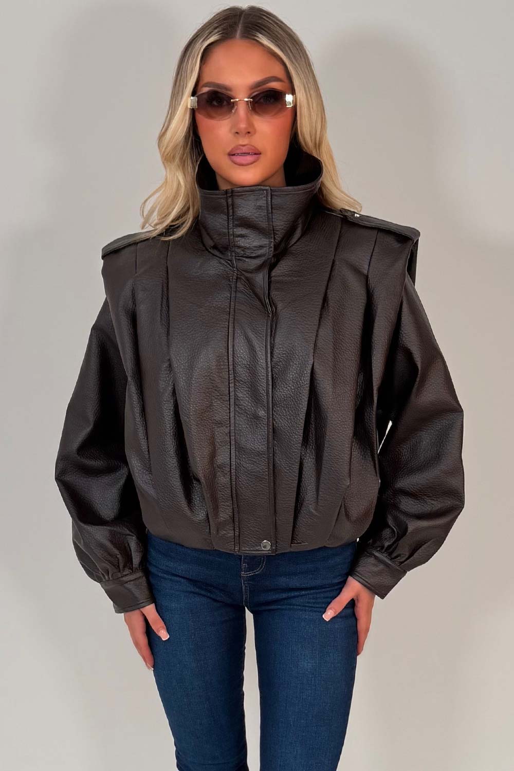 Brown Faux Leather Funnel Neck Bomber Jacket
