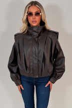 Brown Faux Leather Funnel Neck Bomber Jacket