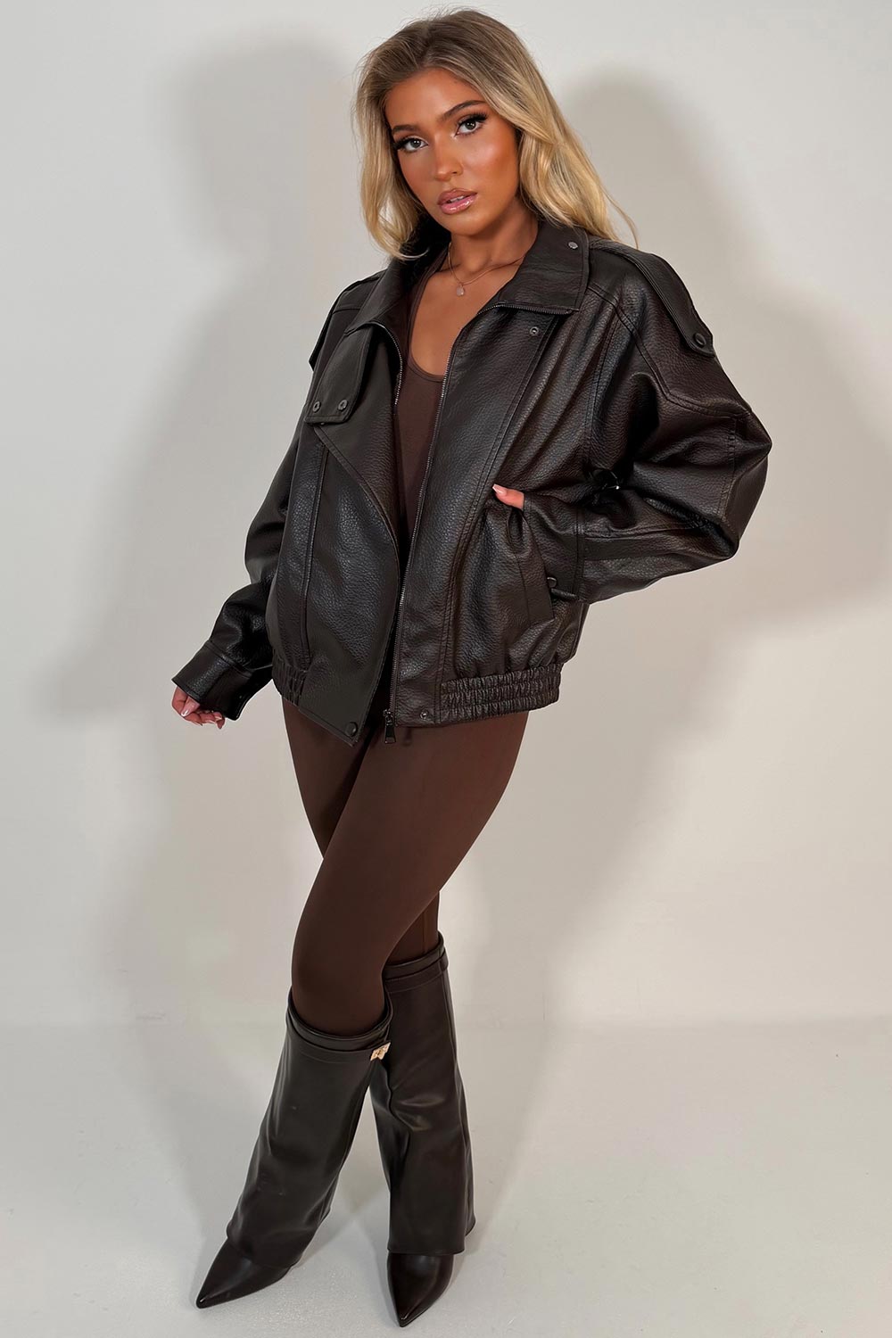 Faux Leather Funnel Neck Jacket Brown