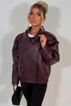 Faux Leather Funnel Neck Jacket Burgundy