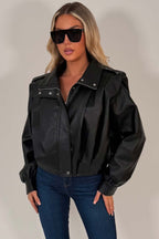 Black Faux Leather Funnel Neck Bomber Jacket