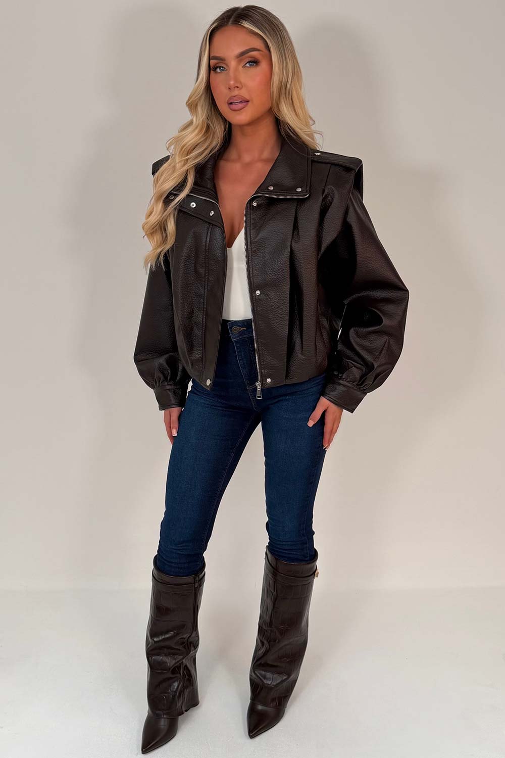 Brown Faux Leather Funnel Neck Bomber Jacket