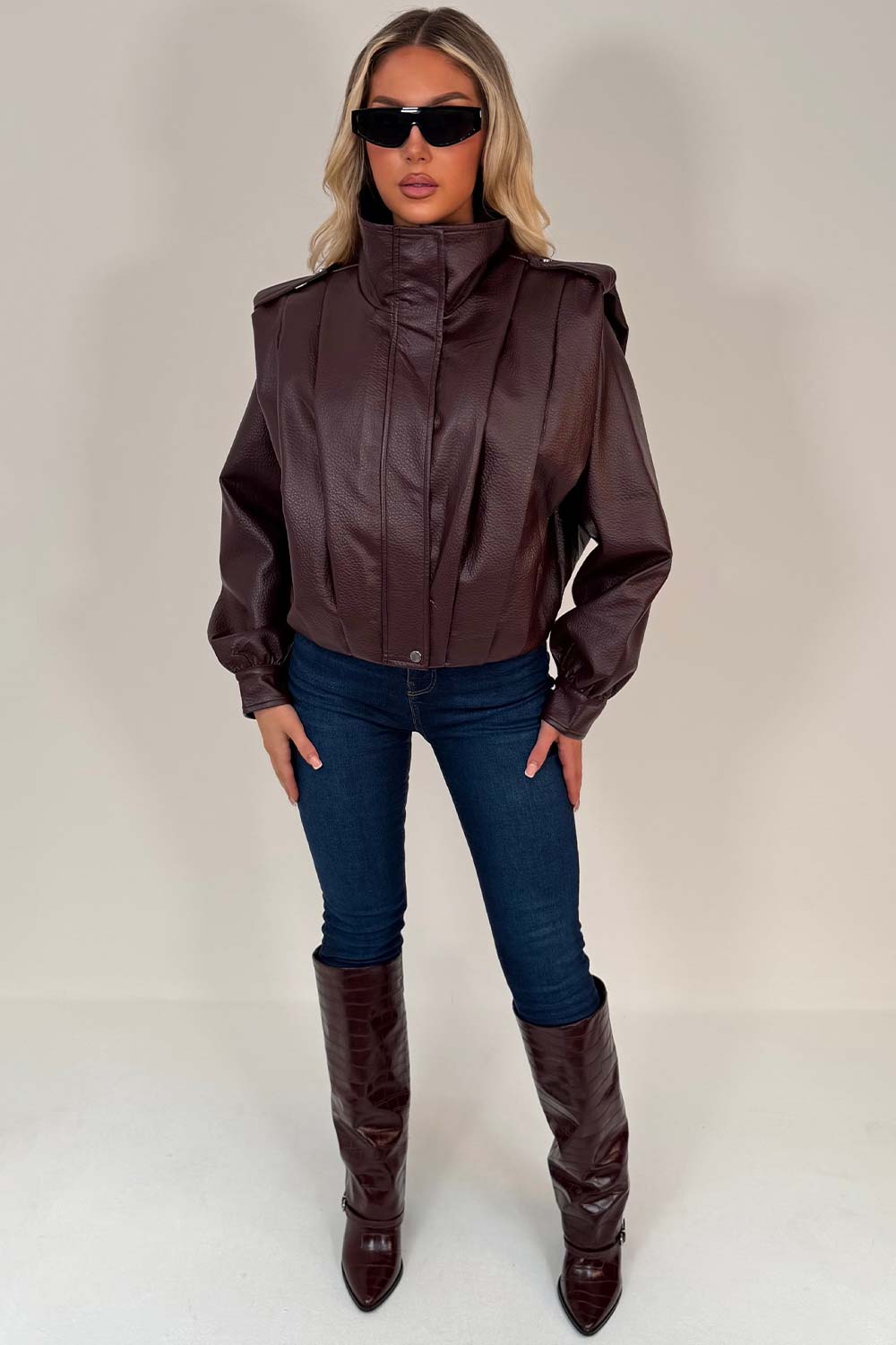 Burgundy Faux Leather Funnel Neck Bomber Jacket
