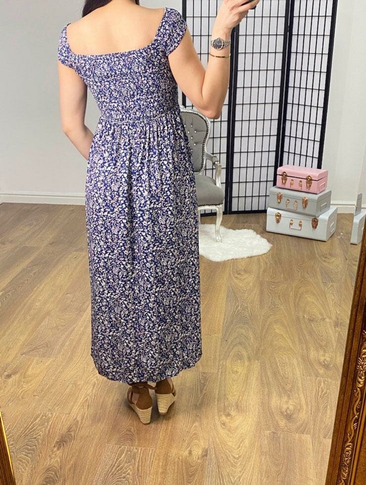 Leonn Navy Floral Bardot Split Maxi Dress