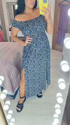 Leonn Navy Floral Bardot Split Maxi Dress