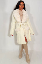 Faux fur Collar Belted Coat With Faux Fur Cuff Off White