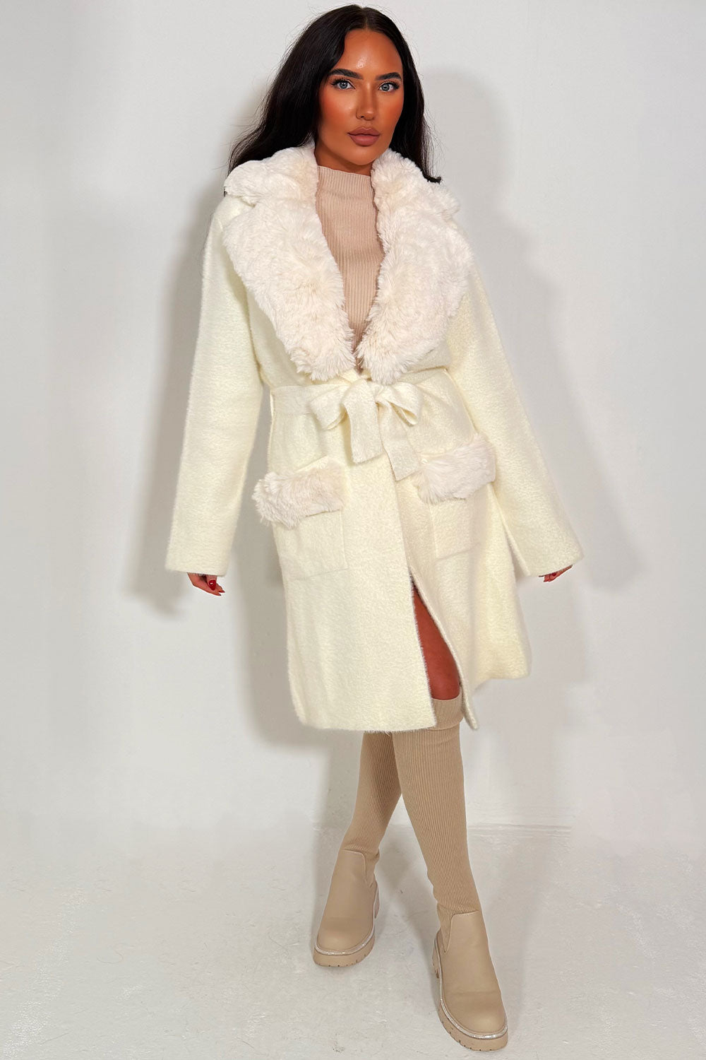 Faux fur Collar Belted Coat With Faux Fur Cuff Off White