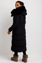 Long Puffer Padded Coat With Faux Fur Hood Black