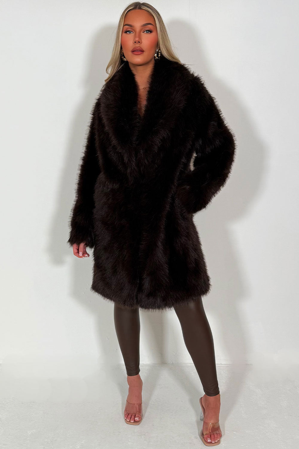 Long Faux Fur Coat Brown