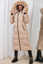 Long Puffer Padded Coat With Faux Fur Hood Beige