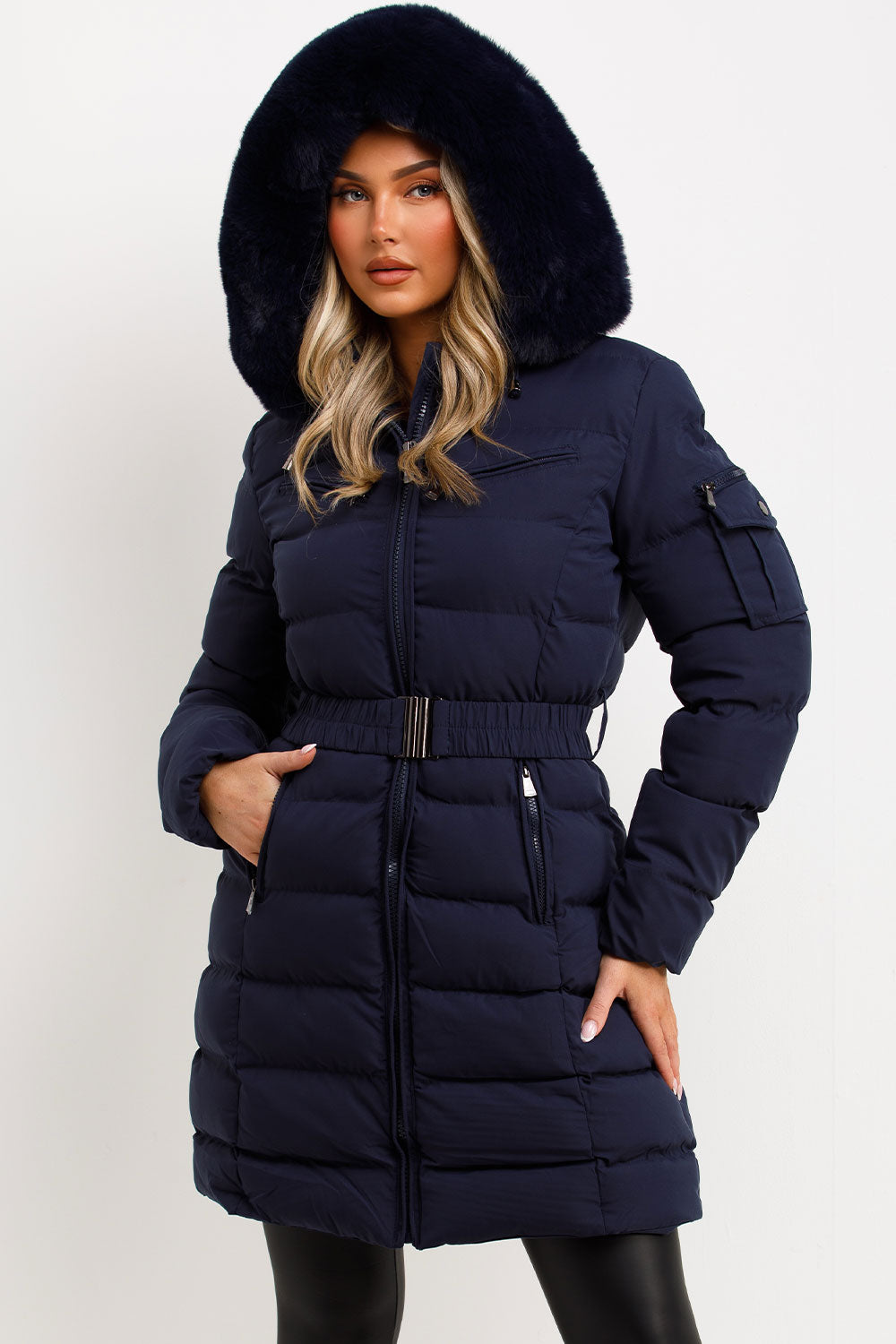 Long Puffer Coat With Fur Hood And Belt Navy