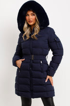 Long Puffer Coat With Fur Hood And Belt Navy