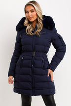 Long Puffer Coat With Fur Hood And Belt Navy